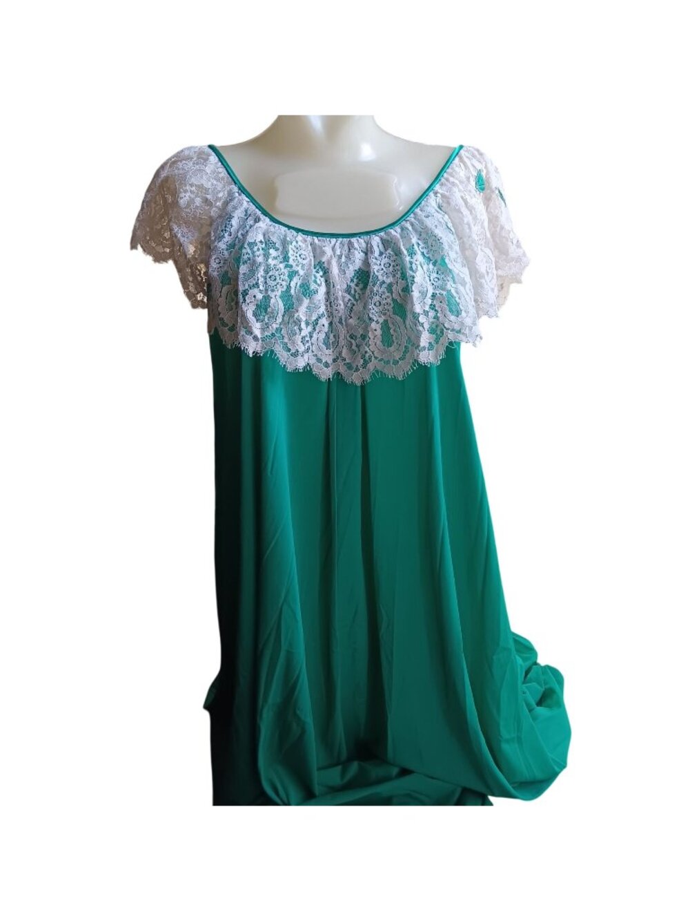 Vntage Petite Teal Green Maxi Nightgown With Lace Overlay By Lucie Ann